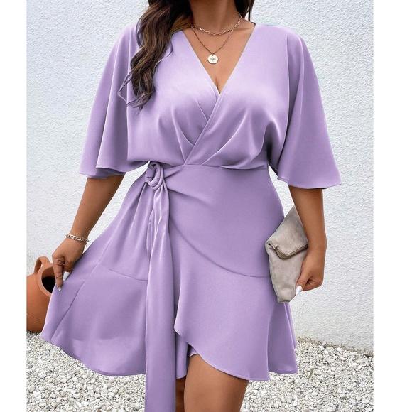 Plus Rust Brown solid Batwing Sleeve Ruffle Hem Mini Dress - Picture 9 of 10